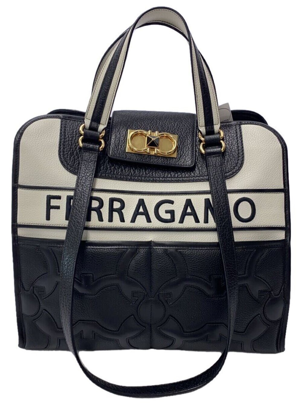 Salvatore Ferragamo Gancini Iconic Tote Bag Leather White Black